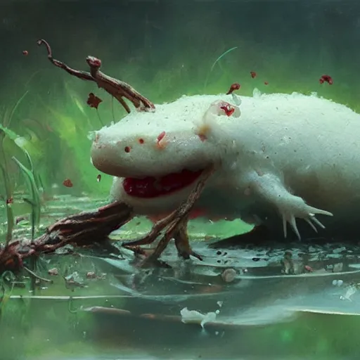 Prompt: Cute marshmallow axolotl crawling from a cacao swamp, oil painting, by Greg Rutkowski