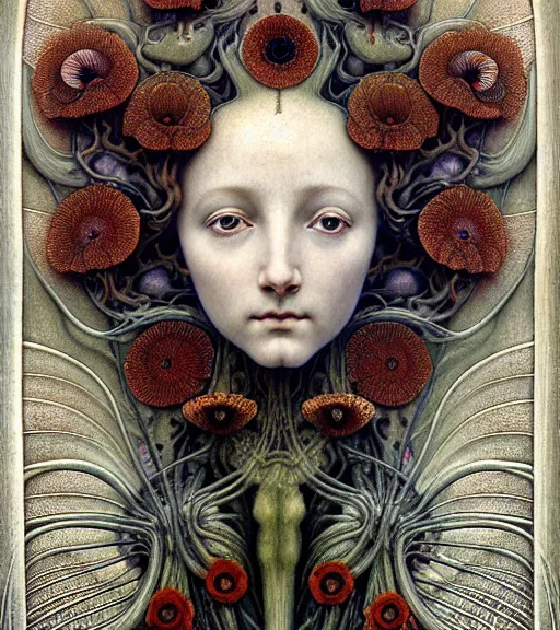 Prompt: detailed realistic beautiful poppy goddess face portrait by jean delville, gustave dore, iris van herpen and marco mazzoni, art forms of nature by ernst haeckel, art nouveau, symbolist, visionary, gothic, neo - gothic, pre - raphaelite, fractal lace, intricate alien botanicals, ai biodiversity, surreality, hyperdetailed ultrasharp octane render