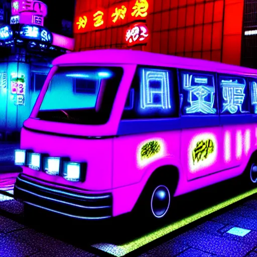 Image similar to The Mystery Machine, shibuya prefecture, night mist neon lights, cinematic color, photorealistic, highly detailed wheels, highly detailed