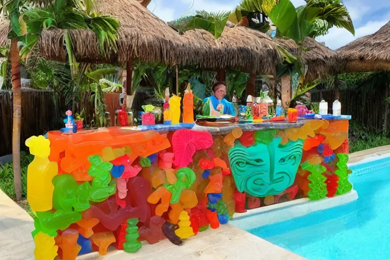 Image similar to poolside Tiki bar made of gummy candy