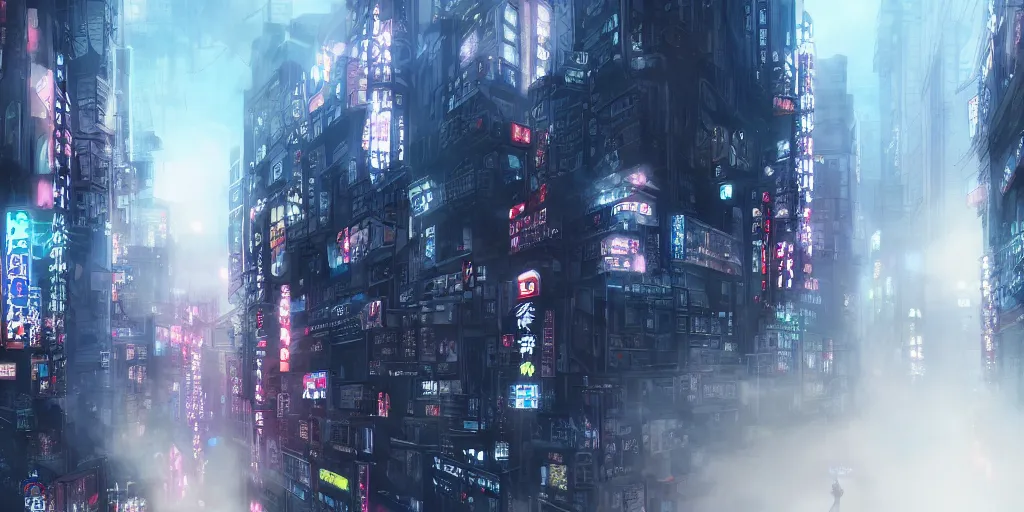 Prompt: Anime style Tokyo in fog, magic mist, cyberpunk buildings, digital concept art, cityscape, high resolution, trending on artstation, unreal engine
