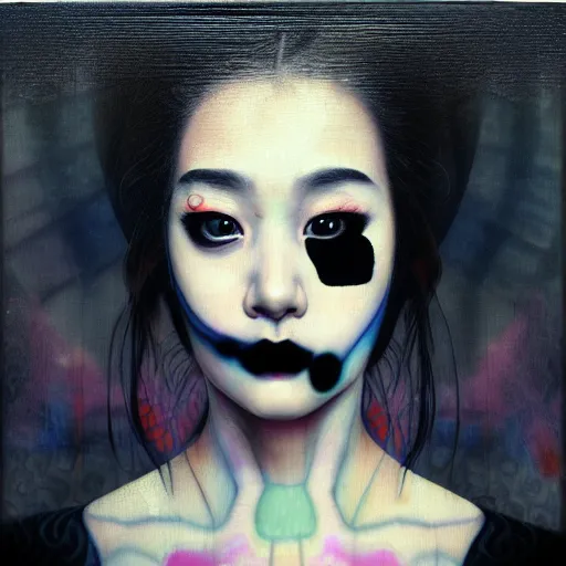 Image similar to yoshitaka amano blurred and dreamy realistic three quarter angle portrait of a young woman with black lipstick and black eyes wearing dress suit with tie, junji ito abstract patterns in the background, satoshi kon anime, noisy film grain effect, highly detailed, renaissance oil painting, weird portrait angle, blurred lost edges