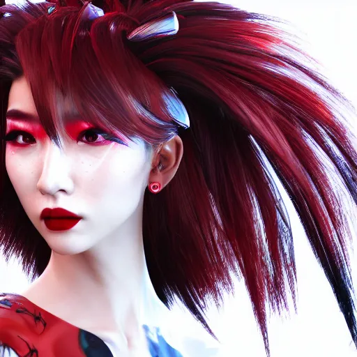 Image similar to Japanese model with maximalist hair style and makeup, fashion model, unreal engine octane, red and white, portrait, gliter, depth of field, 8k, hyper detailed, intricate, trending on artstation