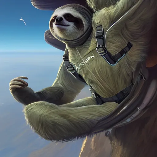 Image similar to detailed science - fiction character portrait of a sloth skydiving, wild, highly detailed, digital painting, artstation, concept art, smooth, sharp focus, illustration, art by artgerm and greg rutkowski and alphonse mucha