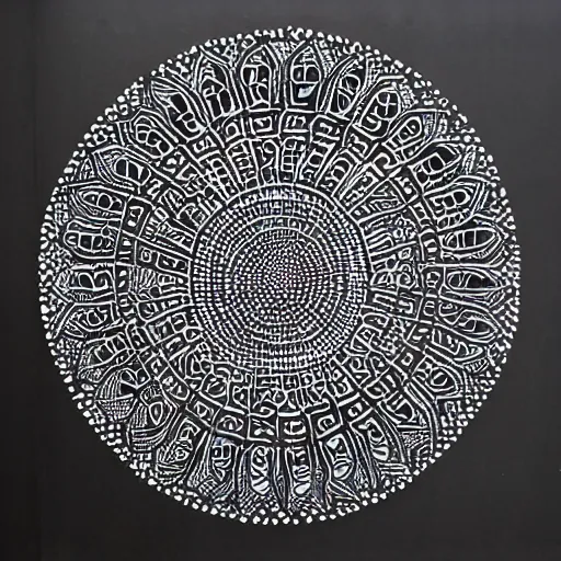 Prompt: : black orb with what patterns carved in it art installation