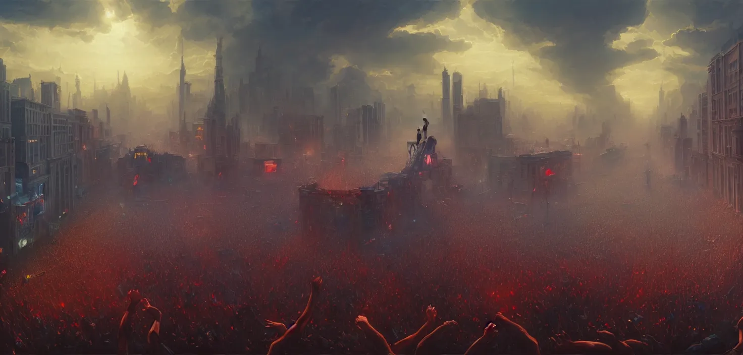 Prompt: painting of a crowd with raised arms pointing toward, demonstration in city, cinematic view, epic sky, detailed, concept art, low angle, high detail, warm lighting, volumetric, godrays, vivid, beautiful, trending on artstation, by jordan grimmer, huge scene, art greg rutkowski