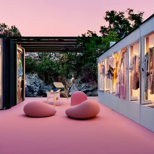 Image similar to An ultra high definition, professional photograph of an outdoor partial IKEA showroom inspired sculpture located on a pastel pink beach ((with pastel pink, dimpled sand where every item is pastel pink. )) The sun can be seen rising through a window in the showroom. The showroom unit is outdoors and the floor is made of dimpled sand. Morning time indirect lighting with on location production lighting on the showroom. In the style of wallpaper magazine, Wes Anderson.