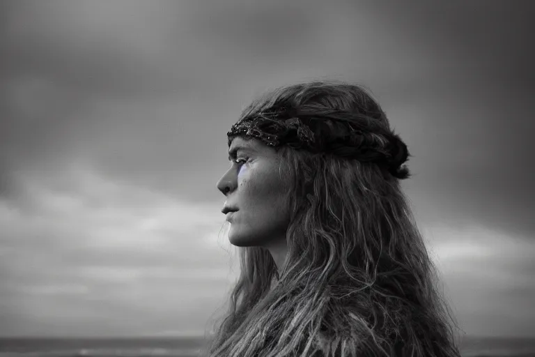 Image similar to portrait of a beautiful Viking woman By Emmanuel Lubezki