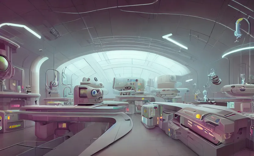 Image similar to Interior shot of a futuristic laboratory by Petros Afshar and Beeple, James Gilleard, Mark Ryden, Wolfgang Lettl highly detailed