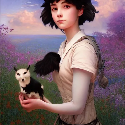 Image similar to Masterpiece portrait of a very young Kiki from Kiki's delivery service drawn by Donato Giancola and Tom Bagshaw face by Artgerm and Edmund Leighton