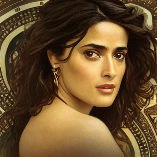 Prompt: salma hayek medium shot portrait by alphonse mucha, perfect proportions, beautiful face, perfect detailed eyes, vivid colrs, elegant, sharp focus, hyper - realistic, 4 k, unreal engine, highly detailed, hd, dramatic lighting by brom