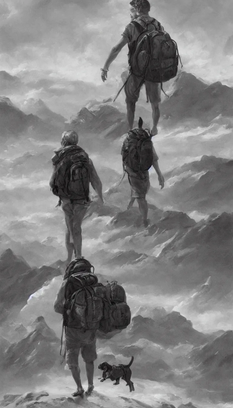 Prompt: a man with a large cumbersome backpack going on a long and arduous journey, a small dog at his feet, black and white matte painting