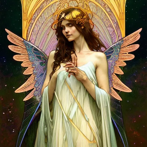 Image similar to Tarot card of an angel girl with glowing halo and highly detailed intricate wings, art nouveau, fantasy, intricate, elegant, highly detailed, digital painting, artstation, concept art, smooth, sharp focus, illustration, art by Krenz Cushart and Artem Demura and alphonse mucha