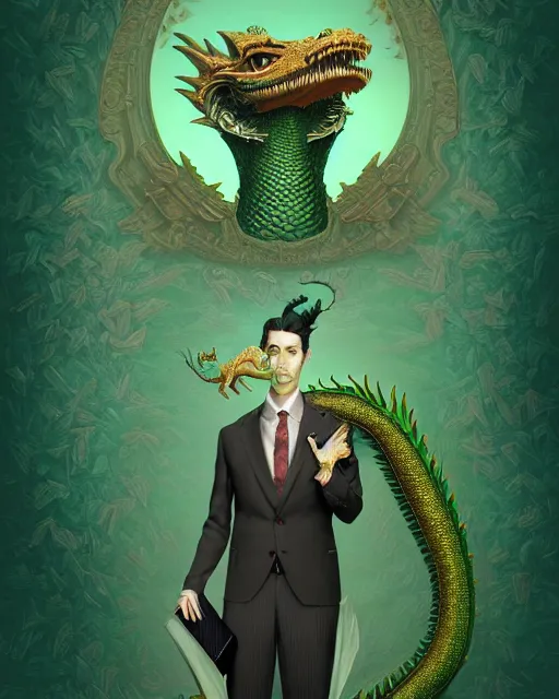 Prompt: anthropomorphic art of a businessman dragon, green dragon, portrait, regency inspired clothing by artgerm, victo ngai, ryohei hase, artstation. fractal papers, newspaper. stock certificate, highly detailed digital painting, smooth, global illumination, fantasy art, jc leyendecker