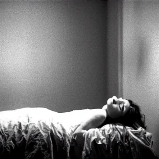 Image similar to movie still of a girl having sleep paralysis, cinematic composition, cinematic light, criterion collection, by edgar wright and edgar allan poe