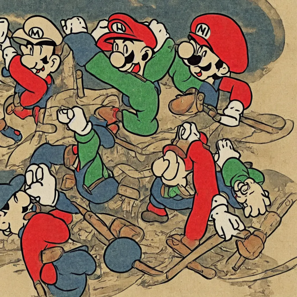 Prompt: Mario and Luigi depicted as an Edo-era illustration