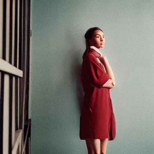 Image similar to realistic! photoshoot for a new nike lookbook, color film photography, portrait of a beautiful model, photo in style of wes anderson, 35mm