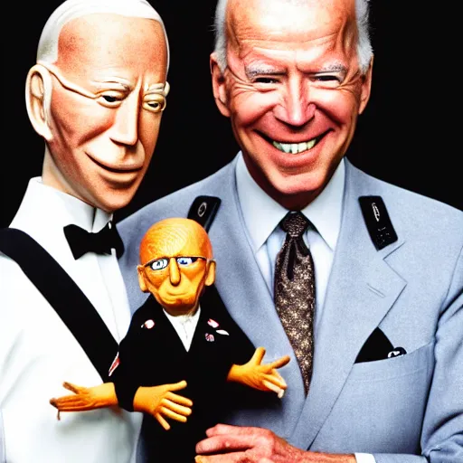 Image similar to UHD candid color photo of Klaus Schwab wearing Nazi uniform holding a ventriloquist dummy Joe Biden, accurate faces, UHD, photorealistic, correct face, photo by Annie Leibowitz