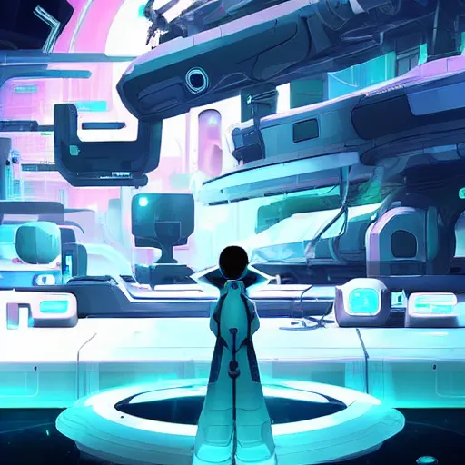 Image similar to white and teal colors. Sci-fi gas station in style of cytus and deemo, mysterious vibes, set in half-life 2, beautiful with eerie vibes, very inspirational, very stylish, surrealistic, perfect digital art, mystical journey in strange world, bastion game
