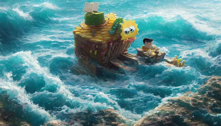 Image similar to A highly detailed matte painting of SpongeBob in the ocean by Studio Ghibli, Makoto Shinkai, by Artgerm, by WLOP, by Greg Rutkowski, volumetric lighting, octane render, 4K resolution, trending on artstation, masterpiece