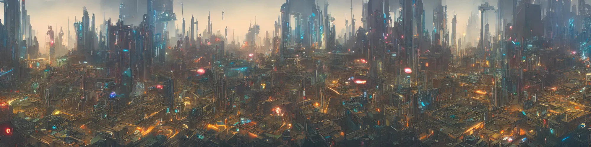 Image similar to Panorama view of cyberpunk city from the street level, art style by pete mohrbacher and artgerm