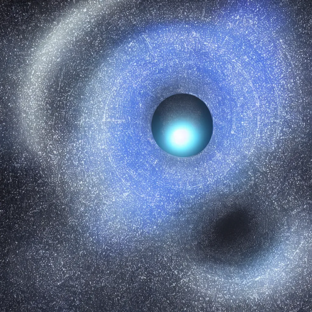 Prompt: black hole inside a circle space ship, glowing tiny blue lines