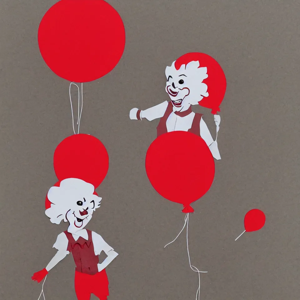 Image similar to pennywise the clown in a red balloon, paper cutout