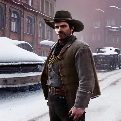 Prompt: arthur from rdr 2 in russia reality nowadays at tolyatti sportivnaia street, cars, snow, buildings photorealism