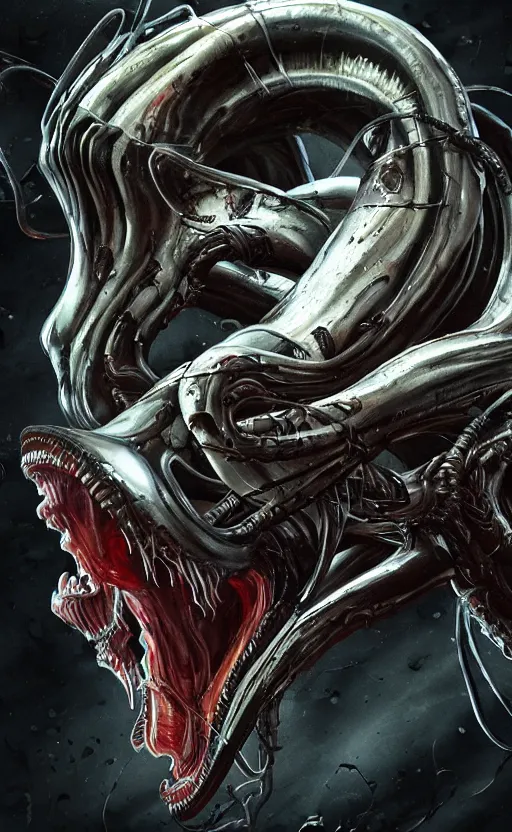 Image similar to ''xenomorph combined with venom, venomized, horror movie, creepy art, hyperrealistic art, digital art, cinematographic, concept art, artstation, 8 k''