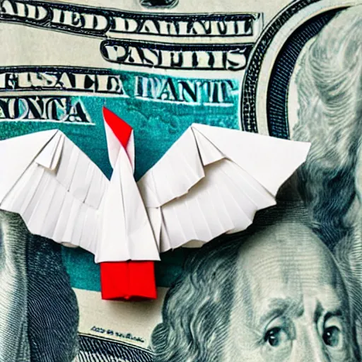 Image similar to an origami swan made out of a united states dollar bill, photograph,