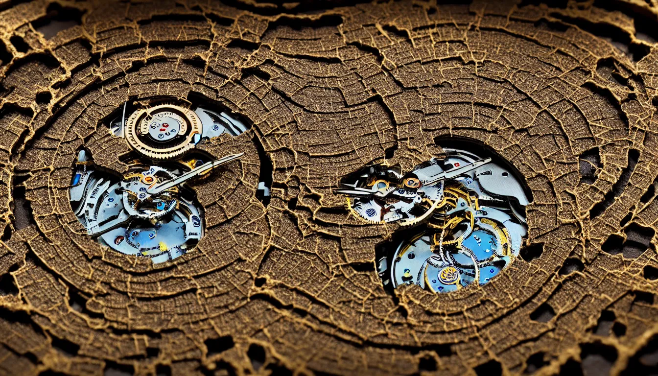 Image similar to detailed view from inside a clockwork watch, entangled roots, cracked earth, living microorganisms, decaying, hyper realistic photo, full colour, upscale, 8 k