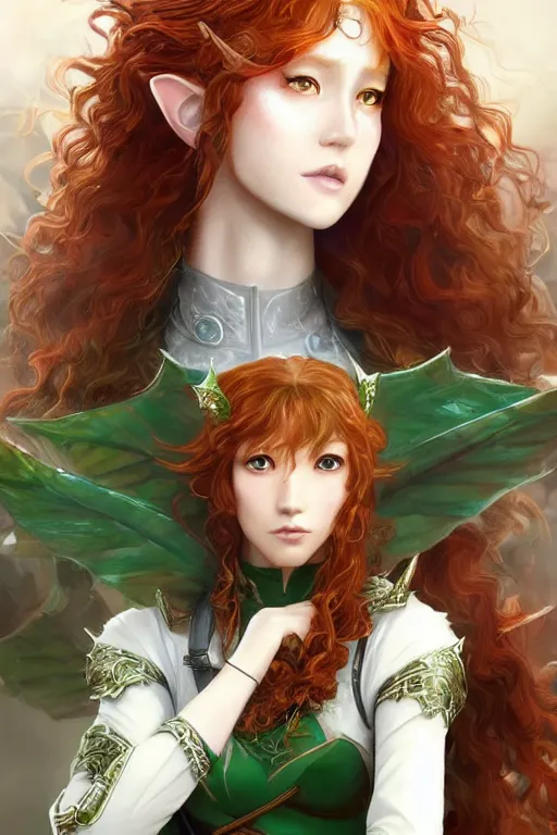 Image similar to A realistic anime portrait of long curly haired redhead female elf ranger wearing an intricate fantasy ranger outfit, asian facial features, green eyes, digital painting, by Stanley Artgerm Lau, Sakimichan, WLOP and Rossdraws, digtial painting, trending on ArtStation, SFW version