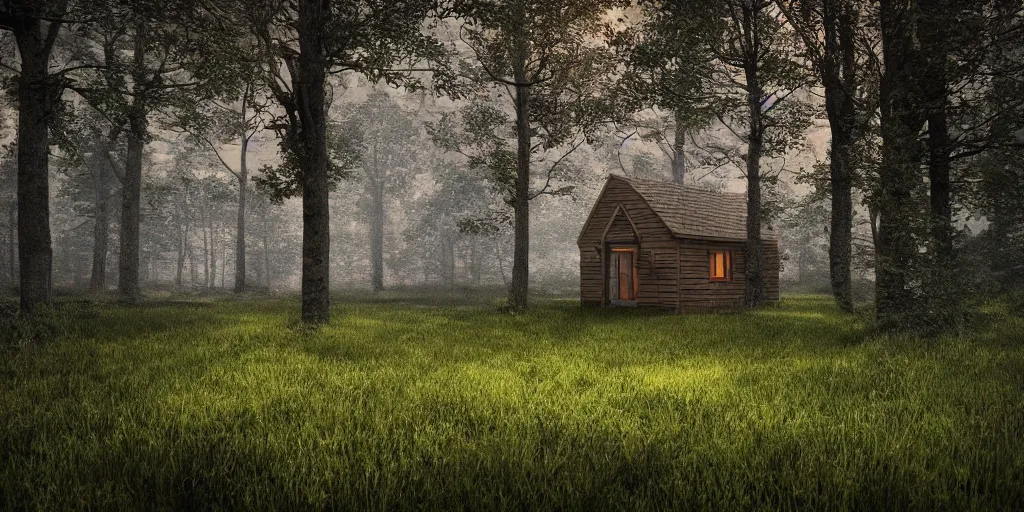 Image similar to solitary cottage in the woods and empty woods, 8k, fantasy, hyper realistic, atmospheric lighting