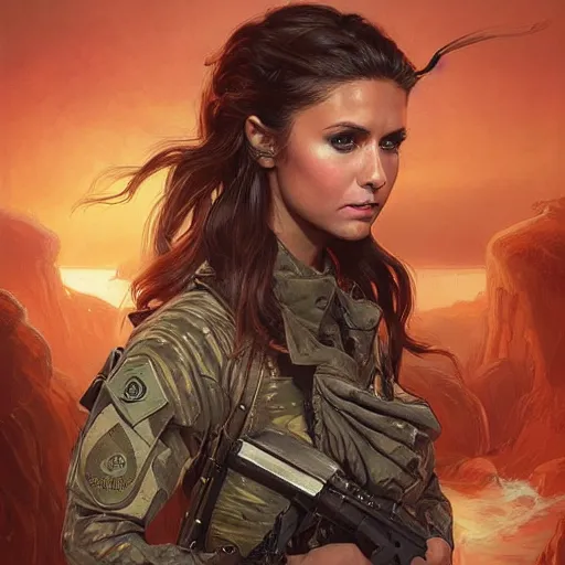 Prompt: portrait of nina dobrev as an army soldier, looking at camera, d & d, intricate, elegant, stylish, fierce look, fantasy, extremely detailed, digital painting, artstation, concept art, smooth, sharp focus, illustration, stunning lighting, art by artgerm and greg rutkowski and alphonse mucha and simon stalenhag.
