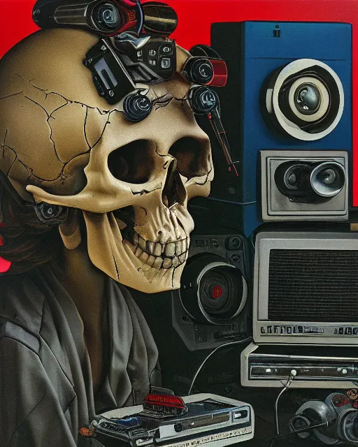 Prompt: a pensive skull observing 8 0 s era technology, vintage shapes, retro technology, vintage color, wayne barlow, oil on canvas, deep depth of field, masterpiece, cinematic composition, hyperdetailed