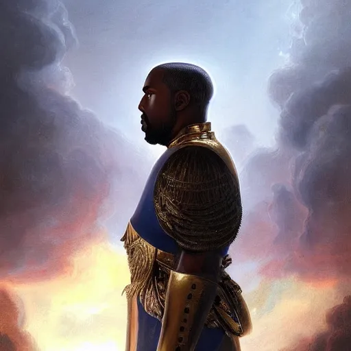 Image similar to Portrait of Kanye West as emperor napoleon, amazing splashscreen artwork, splash art, head slightly tilted, natural light, elegant, intricate, fantasy, atmospheric lighting, cinematic, matte painting, by Greg rutkowski