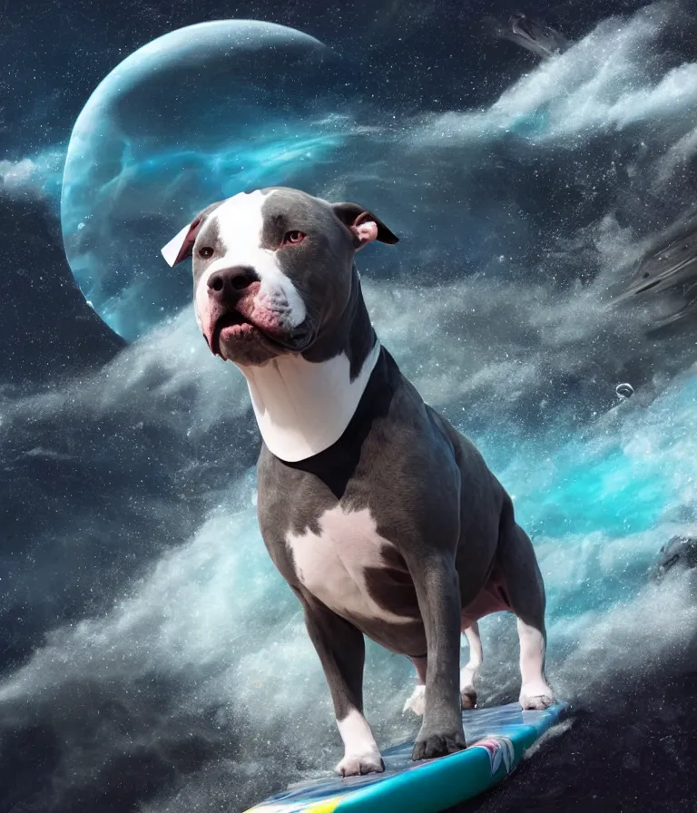 Image similar to photo of a dark gray coat pit bull with a white paws and a white nose!, surfing on a surfboard in a crashing wave of alien ocean in space, background is an alien galaxy, aliens in the background, alien colors, octane render, unreal engine, wide view, 8 k, highly detailed