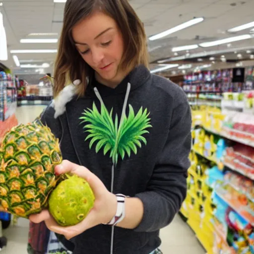 Image similar to realistic photo of rowan aktinson stealing a pineapple from target