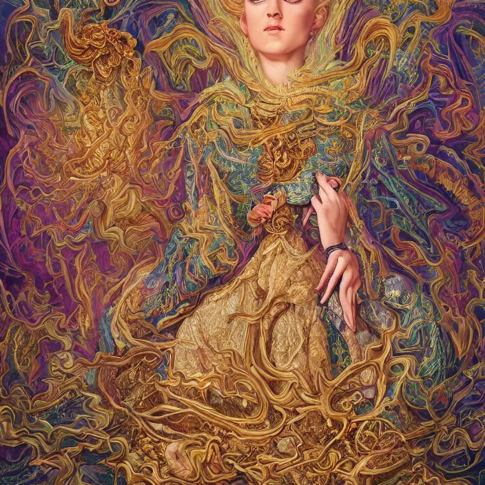 Image similar to beautiful oil painting, full length portrait of dauphinois in baroque coronation robes 1701, Dan Mumford, Dan Mumford, Alex grey, hyacinthe rigaurd, highly detailed , lsd visuals, dmt fractal patterns, hallucinogen, visionary art, psychedelic art, ornate, vaporwave, baroque, Greg rutkowski