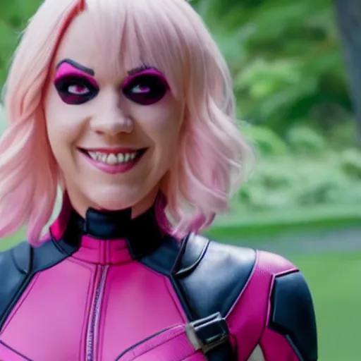 Image similar to A still of Gwenpool in Deadpool 3 (2023), blonde hair with pink highlights, no mask, white and light-pink outfit, smiling and winking at the camera