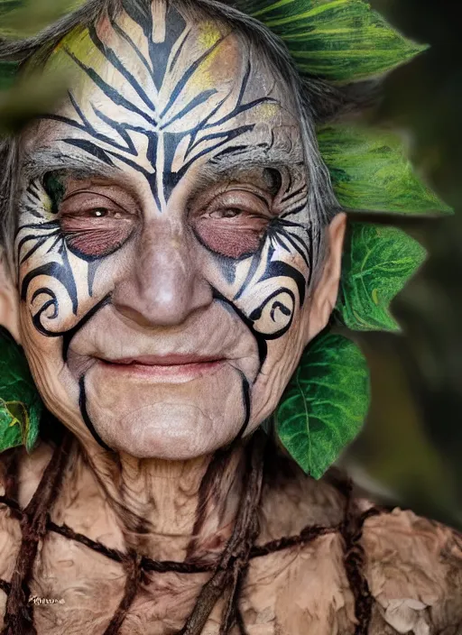 Prompt: a beautiful portrait of a smiling old woman in the jungle surrounded by leaves, tribal face paintings, matte painting, fantasy art