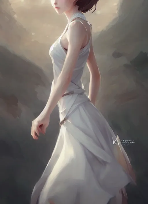 Image similar to a girl with elegant white dress, digital art by krenz cushart, laurie greasly, wlop, artgerm, intricate, ( highly detailed figure ), sharp focus, smooth, epic composition, joyful, unreal engine