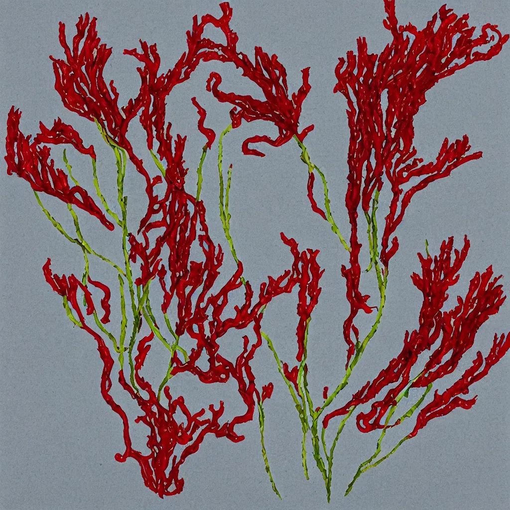 Image similar to bladder wrack and red dulse seaweed, decorative design against a grey background, done in Water colour