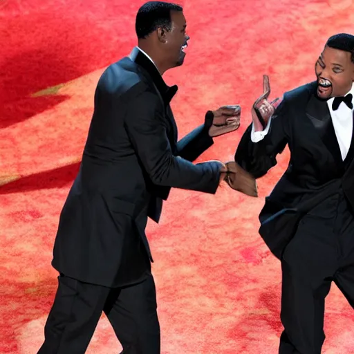 Image similar to chris rock slapping will smith on stage during the oscar awards, 8k, realistic