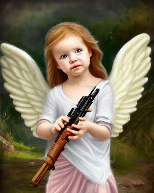 Prompt: fantasy art of a baby angel with shotgun, haven, haven
