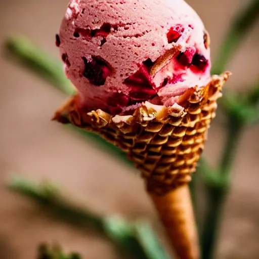 Prompt: a photograph of a strawberry chip ice cream cone, with a cone made from a pinecone. shallow depth of field, fine textured detail.