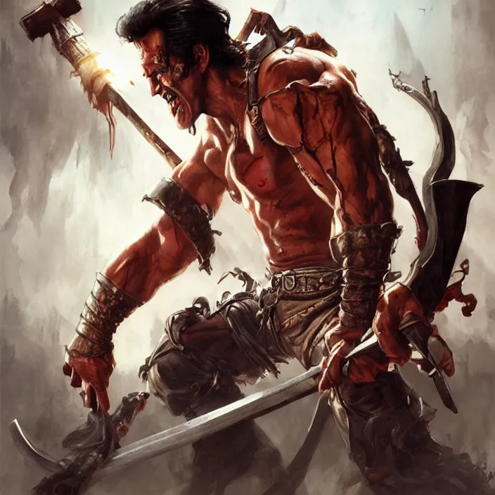 Prompt: Ash Williams from The evil dead, manowar album, Muscular man, striking demon with large barbarian sword, blood, artstation, concept art, smooth, sharp focus, highly detailed, illustration, art by artgerm and greg rutkowski and alphonse mucha