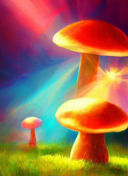 Prompt: painting of a magic mushroom , vibrant colors, beautiful lighting, god rays, fantasy art, matte painting