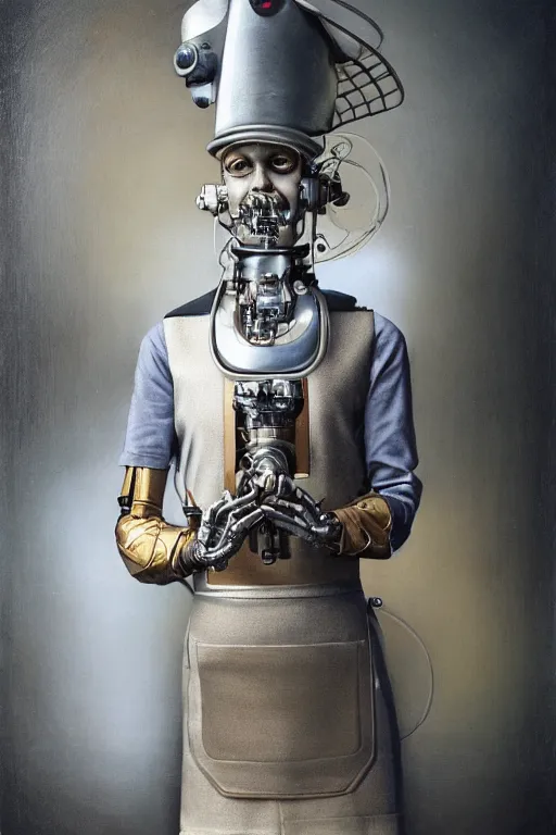 Image similar to a beautiful ultradetailed vintage photo of a futuristic cybernetic cyborg male wearing a tall white chef hat and an apron, by tom bagshaw and natalie shau, portrait, 3 5 mm lens, golden ratio composition, detailed face, studio photography, very detailed, humanoids, industrial robots, artstation, 8 k, highly coherent