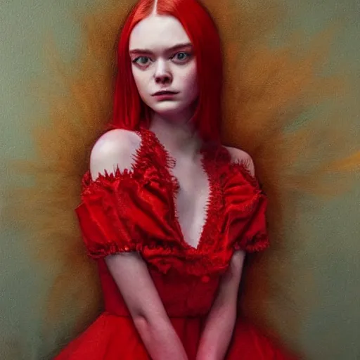 Prompt: a striking hyper real painting of Elle Fanning in a red dress, lovecraftian, horror, moonlit,